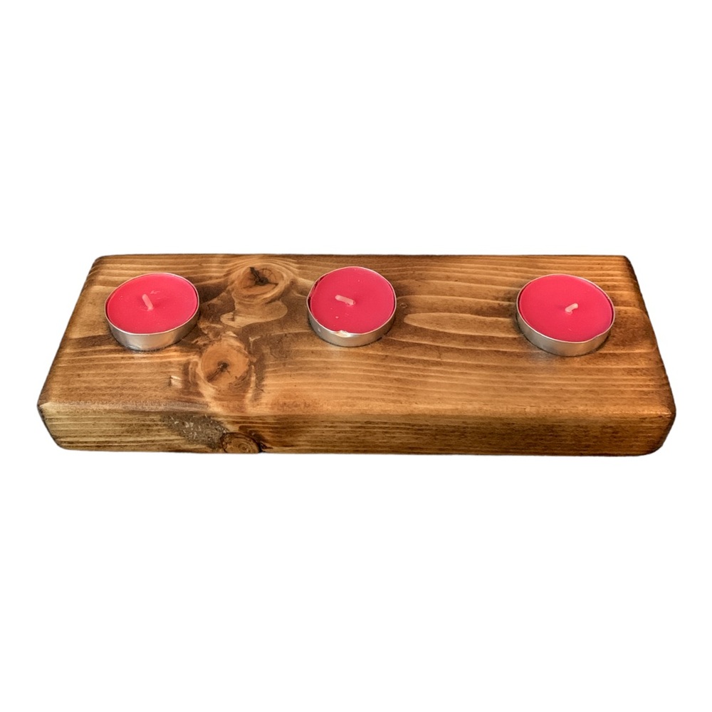 USA Handmade Wooden 3 Tea Light Candle Holder Rustic Decor Early American Stain